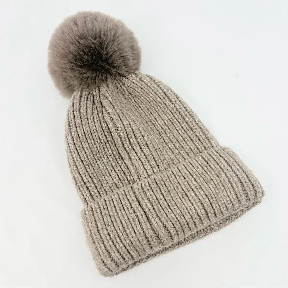 Norla Canada Taupe Alpaca Wool Fluffy Faux Fur Pompom Knit Beanie Hat